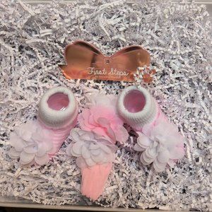 First Steps, Pink and White Striped Socks and Bow